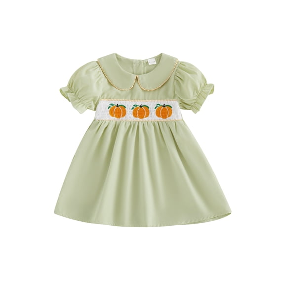 Cjfdfy Toddler Baby Girls Halloween Dress Thanksgiving Outfit Infant Baby Girls Summer Fall Smocked Dress Fall Pumpkin Embroidered Doll Collar Puff Short Sleeve Dress
