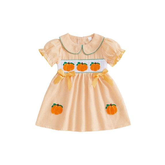Cjfdfy Toddler Baby Girls Halloween Dress Thanksgiving Outfit Infant Baby Girls Summer Plaid Gingham Dress Fall Pumpkin Embroidered Doll Collar Puff Short Sleeve Dress
