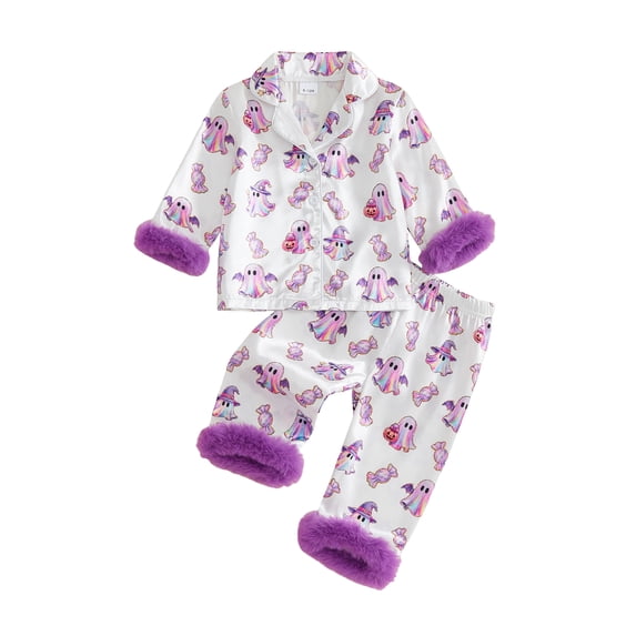Cjfdfy Toddler Baby Girls Halloween Fall Clothes Ghost Pumpkin Pajamas Set Printed Fuzzy Trim Long Sleeve Tops And Pants Cute Newborn Baby Girl Halloween Pajamas