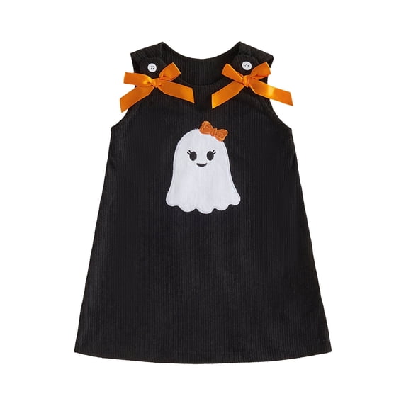 Cjfdfy Toddler Baby Girls Halloween Outfit Dress Pumpkin Ghost Corduroy Embroidery Sleeveless Bow Decor A-line Stripe Dress Cute My First Halloween Fall Winter Outfit 6M-4Y