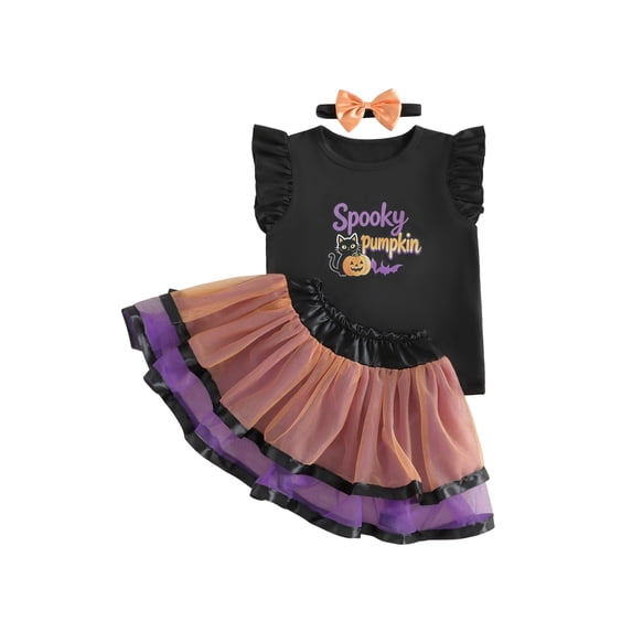 Cjfdfy Toddler Baby Girls Halloween Outfit Spooky Pumpkin Flying Sleeve Black Ruffle Top With Tulle Skirt Headband Cute Witch Cat Costume Cute Halloween Holiday Clothes