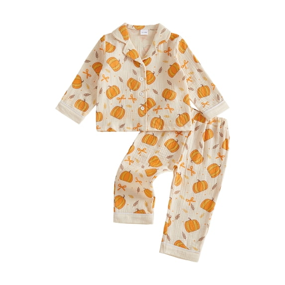 Cjfdfy Toddler Baby Girls Halloween Pajama Set Pumpkin Bow Print Button Down Long Sleeve Tops And Pants Infant Cute My First Halloween Holiday Sleepwear 1-6Y