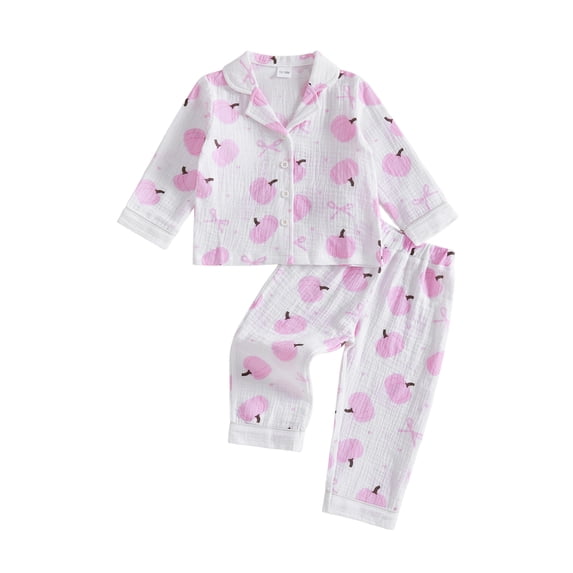 Cjfdfy Toddler Baby Girls Halloween Pajama Set Pumpkin Bow Print Button Down Long Sleeve Tops And Pants Infant Cute My First Halloween Holiday Sleepwear 1-6Y