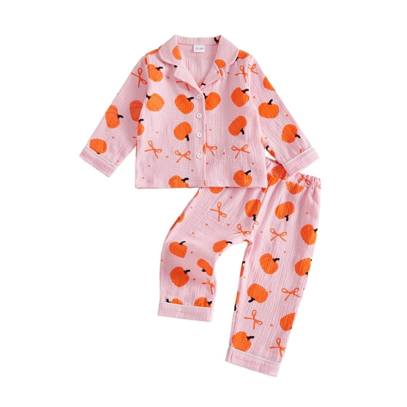 Cjfdfy Toddler Baby Girls Halloween Pajama Set Pumpkin Bow Print Button Down Long Sleeve Tops And Pants Infant Cute My First Halloween Holiday Sleepwear 1-6Y