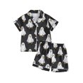 thumbnail image 1 of Cjfdfy Toddler Baby Girls Halloween Satin Pajamas Set Ghost Goose Print Short Sleeve Button Tops And Pants Set Kids Cute Halloween Holiday Fall Winter Sleepwear 1-10Y, 1 of 9