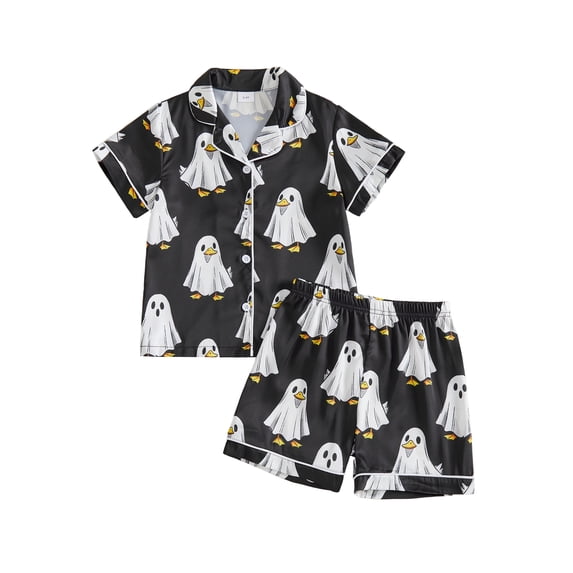 Cjfdfy Toddler Baby Girls Halloween Satin Pajamas Set Ghost Goose Print Short Sleeve Button Tops And Pants Set Kids Cute Halloween Holiday Fall Winter Sleepwear 1-10Y