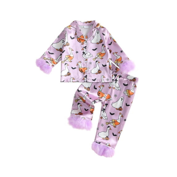 Cjfdfy Toddler Baby Girls Halloween Silk Pajamas Set Pumpkin Ghost Goose Print Fuzzy Trim Long Sleeve Tops And Pants Nightwear Cute Halloween Fall Winter Pajamas 1-6Y