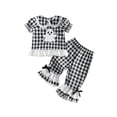 thumbnail image 1 of Cjfdfy Toddler Baby Girls Halloween Thanksgiving Outfits Infant Baby Girls Fall Winter Clothes Pumpkin Embroidery Plaid Short Sleeve Doll Collar Shirt Tops Ruffled Long Pants Set, 1 of 9