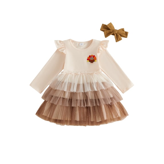 Cjfdfy Toddler Baby Girls Thanksgiving Dress Outfit Turkey Ruffle Long Sleeve Layered Sparkl Dress With Headband Little Baby Cute My First Thanksgiving Fall Winter Clothes 1-5Y