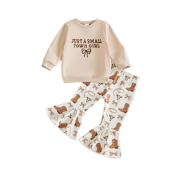 Cjfdfy Toddler Baby Girls Western Outfit Just A Small Town Girl Long Sleeve Sweatshirt And Bow Boots Print Flare Pants Little Baby Cute Country Fall Winter Clothes 6M-5T