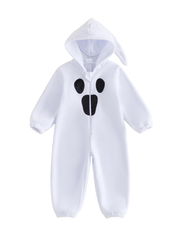 Toddler Baby Halloween Ghost Costume Jumpsuit Fashion Long Sleeve Halloween Zip Up Hooded Romper Cute Spooky Jumpsuit With Hood Baby Ghost Style Jumpsuit for Boys Girls 6m-5t