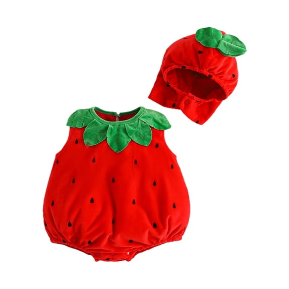 Cjfdfy Toddler Baby Strawberry Outfit Costume Christmas Strawberry Romper for Girls Fleece Leaf Trim Sleeveless Strawberry Romper Hat Halloween Cosplay Clothes