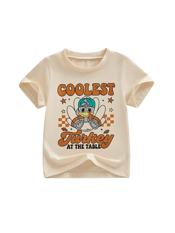 Toddler Bbay Boys Girls Thanksgiving Shirt Turkey Print Short Sleeve Tops Coolest Turkey at the Table T-shirt Little Baby Cute My First Thanksgiving Clothes 1-6Y