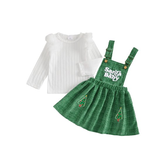 Cjfdfy Toddler Girl Christmas Fall Dress Outfit Solid Long Sleeve Ribbed Tops And Merry Christmas Print Overall Dress Santa Embroidery Kids Cute Holiday Party Outfits