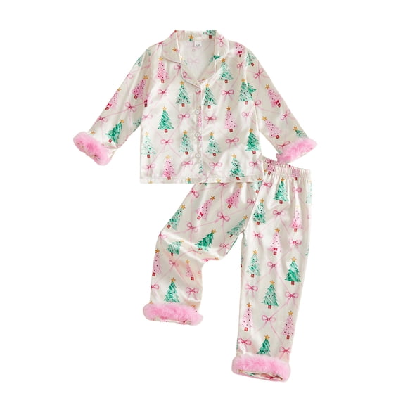 Cjfdfy Toddler Girls 2Pcs Christmas Pajamas Long Sleeve Cartoon Print Fur Trim Shirt Pants Set Toddler Loungewear Christmas Tree, Santa Claus, Gingerbread Man Print Pajamas Set 1-7Y