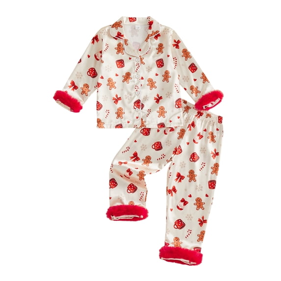 Cjfdfy Toddler Girls 2Pcs Christmas Pajamas Long Sleeve Cartoon Print Fur Trim Shirt Pants Set Toddler Loungewear Christmas Tree, Santa Claus, Gingerbread Man Print Pajamas Set 1-7Y