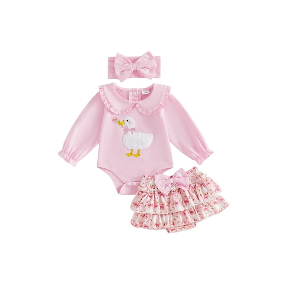Cjfdfy newborn Baby Girl Fall Outfit Cute Long Sleeve Goose Embroidery Romper With Skort, Headband 3Pcs Set Cute Goose Long Sleeve Doll Collar Romper Baby Outfit, Birthday Gift, 0-18 Months