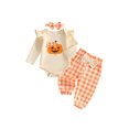 thumbnail image 1 of Cjfdfynewborn Baby Girl Halloween Outfit Pumpkin Ghost Embroidered Romper Plaid Pants And Bow Headband Three Piece Set Infant Cute My First Halloween Fall Winter Outfit, 1 of 9