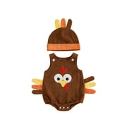 Cjfdfynewborn Baby Girl Thanksgiving Fall Outfit Costume Cute Turkey Embroidery Toddler Romper And Hat Thanksgiving Sleeveless Corduroy Overalls Romper