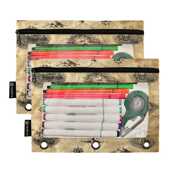 Ckdifva A Treasure Map Pencil Pouch 3 Ring Zipper Pencil Case Binder Pockets Clear Top Cosmetic Bag 2 Pack