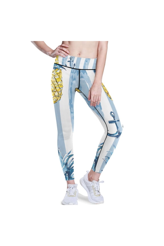 Anchor Pineapple Striped Yoga Pants with Pockets for Women Workout Athletic Yoga Leggings