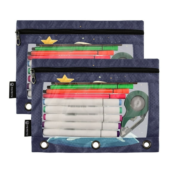 Ckdifva Astronaut Reaching Star Pencil Pouch 3 Ring Zipper Pencil Case Binder Pockets Clear Top Cosmetic Bag 2 Pack