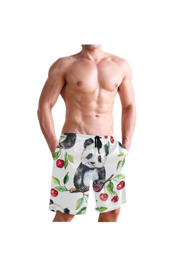 Baby Panda Cherry Men's Board Shorts Swim Trunks Drawstring Summer Beach Golf Shorts Quick Dry with Pockets