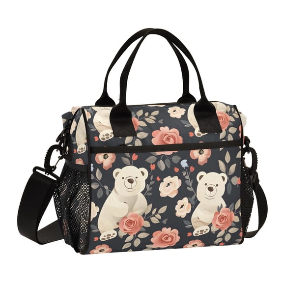 Ckdifva Bears and Beautiful Roses Cooler Bag Cooler Cooling Tote Lunch Bag Lunch Box Front Pocket with Shoulder Strap