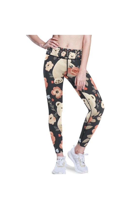 Bears and Beautiful Roses Yoga Pants with Pockets for Women Workout Athletic Yoga Leggings