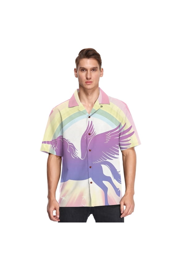 Beautiful Rainbow Unicorn Mens Button Down Short Sleeve Shirt Casual Shirts Beach Hawaiian Shirts