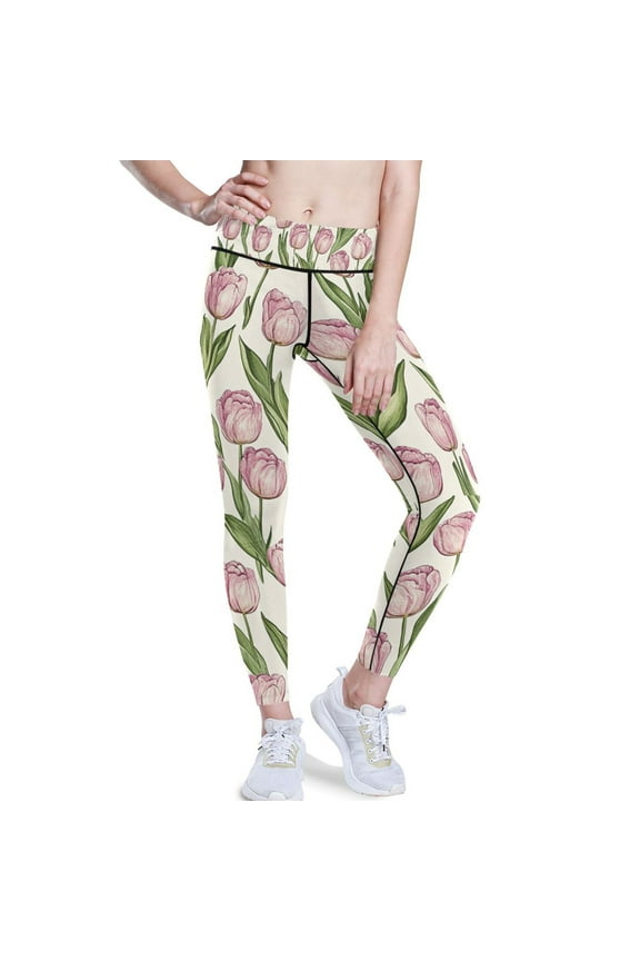 Beautiful Tulip Flowers Yoga Pants with Pockets for Women Workout Athletic Yoga Leggings