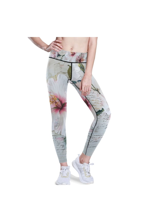 Beautiful White Flowers Yoga Pants with Pockets for Women Workout Athletic Yoga Leggings