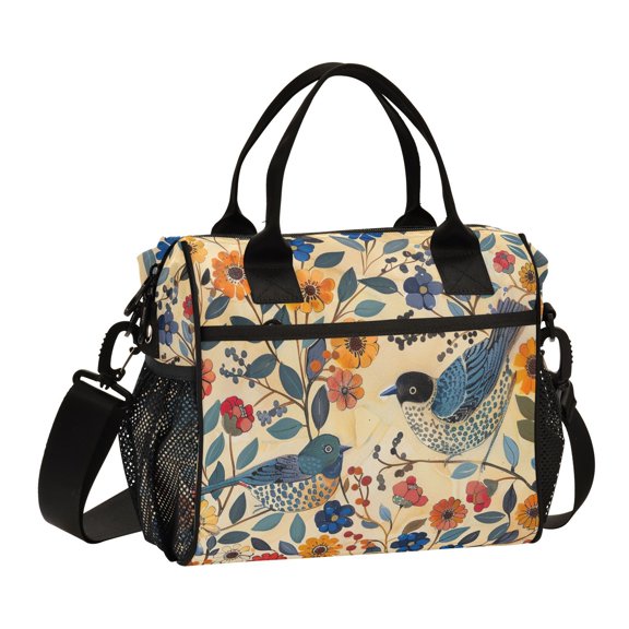 Ckdifva Birds and Flowers Cooler Bag Cooler Cooling Tote Lunch Bag Lunch Box Front Pocket with Shoulder Strap