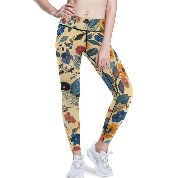 Ckdifva Birds and Flowers Yoga Pants with Pockets for Women Workout Athletic Yoga Leggings