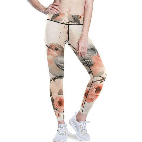 Ckdifva Birds in Flowers Floral Yoga Pants with Pockets for Women Workout Athletic Yoga Leggings