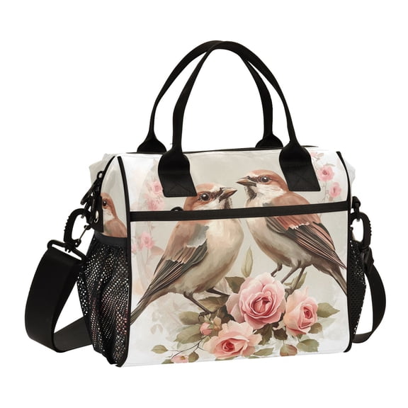 Ckdifva Birds in Roses Floral Cooler Bag Cooler Cooling Tote Lunch Bag Lunch Box Front Pocket with Shoulder Strap