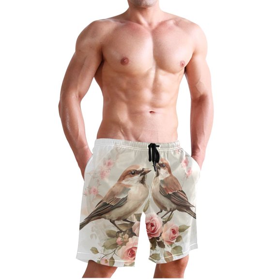 Ckdifva Birds in Roses Floral Men's Board Shorts Swim Trunks Drawstring Summer Beach Golf Shorts Quick Dry with Pockets