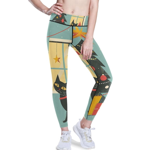Ckdifva Black Cat Christmas Tree Yoga Pants with Pockets for Women Workout Athletic Yoga Leggings