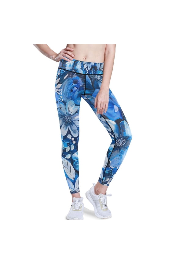 Blue Floral Flowers Yoga Pants with Pockets for Women Workout Athletic Yoga Leggings