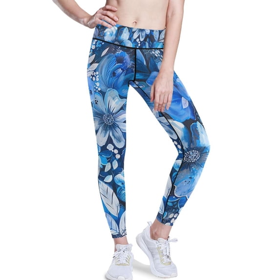Ckdifva Blue Floral Flowers Yoga Pants with Pockets for Women Workout Athletic Yoga Leggings