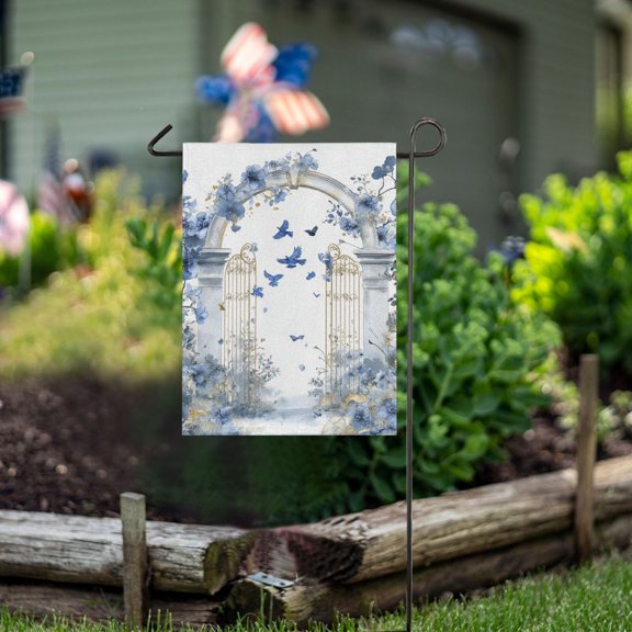 Ckdifva Blue Floral Gates Garden Flag 12 x 18 Inch Vertical Double Sided for Yard Lawn Outdoor Outside