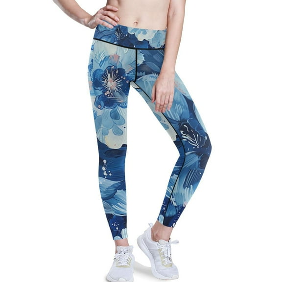Ckdifva Blue Floral Yoga Pants with Pockets for Women Workout Athletic Yoga Leggings