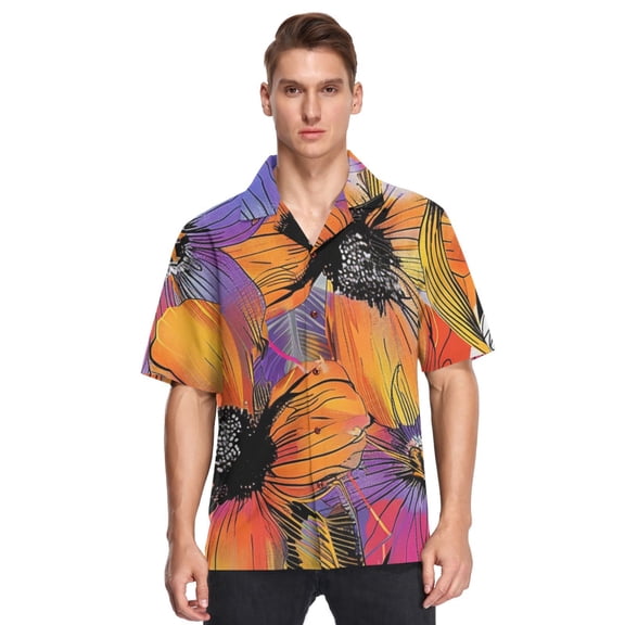 Ckdifva Bold Wildflowers Line Mens Button Down Short Sleeve Shirt Casual Shirts Beach Hawaiian Shirts