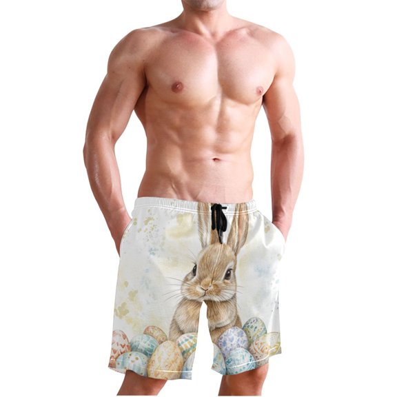 Ckdifva Bunny Easter Eggs Rabbit Men's Board Shorts Swim Trunks Drawstring Summer Beach Golf Shorts Quick Dry with Pockets