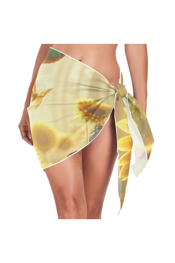 Butterfly and Sunflower Daisy Beach Cover Up for Women Swimsuit Coverups Bikini Wrap Short Skirt