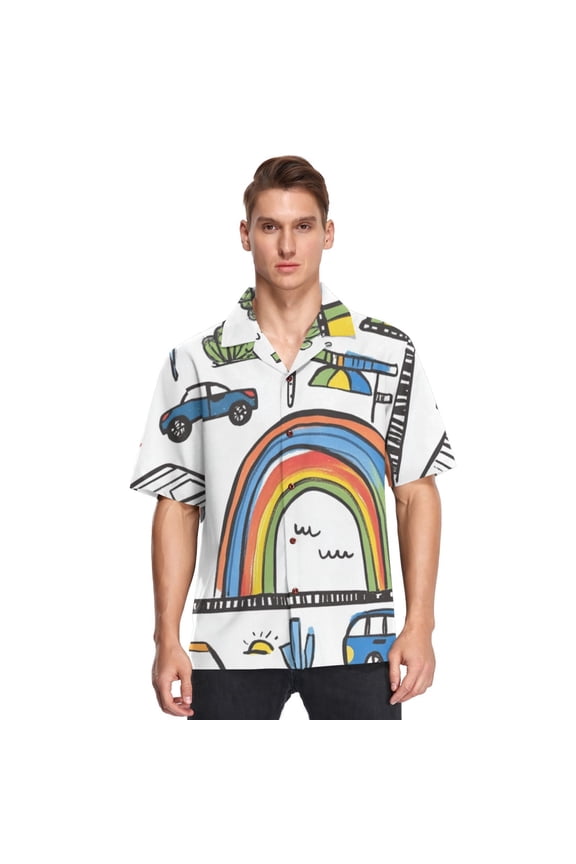 Cars Doodle Rainbows Mens Button Down Short Sleeve Shirt Casual Shirts Beach Hawaiian Shirts