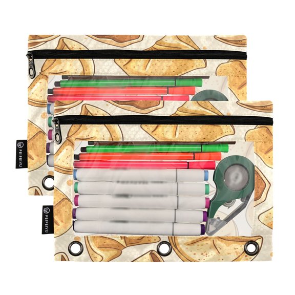 Ckdifva Cartoon Fortune Cookies Pencil Pouch 3 Ring Zipper Pencil Case Binder Pockets Clear Top Cosmetic Bag 2 Pack