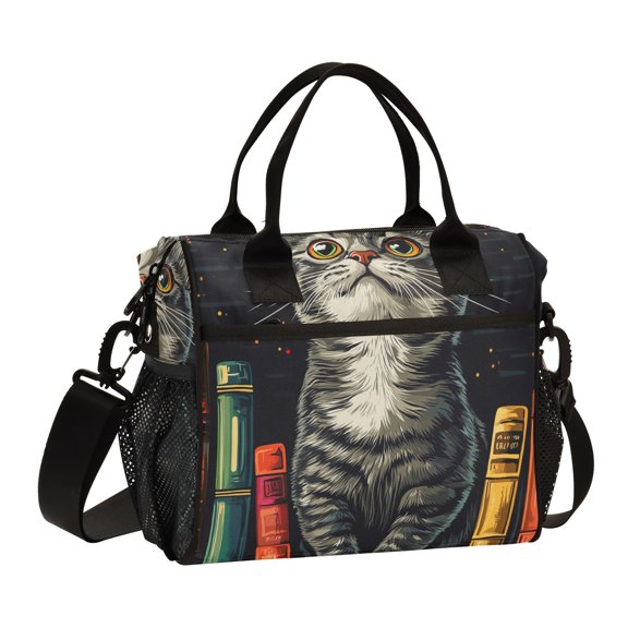 Ckdifva Cat Books Cooler Bag Cooler Cooling Tote Lunch Bag Lunch Box Front Pocket with Shoulder Strap