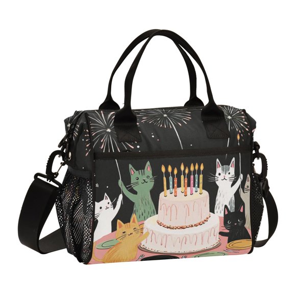 Ckdifva Cat Family and Birthday Cake Cooler Bag Cooler Cooling Tote Lunch Bag Lunch Box Front Pocket with Shoulder Strap
