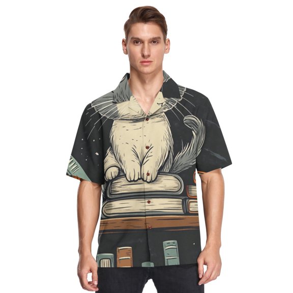 Ckdifva Cat in Bookshelf Mens Button Down Short Sleeve Shirt Casual Shirts Beach Hawaiian Shirts
